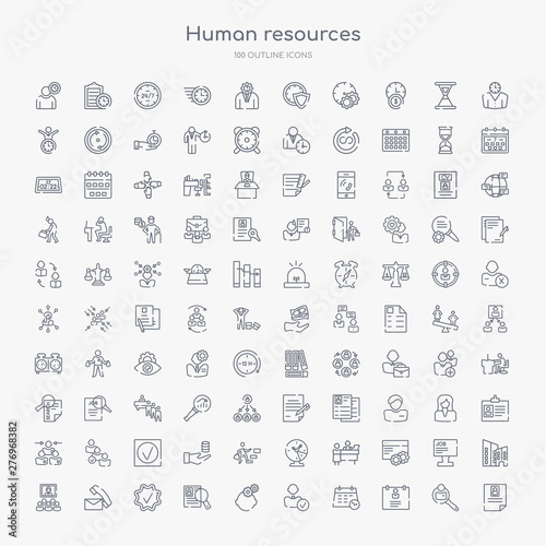 100 human resources outline icons set such as resume, profiles, appointment, hi, skills, hiring, approved, contact