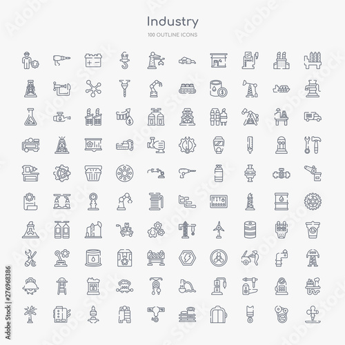 100 industry outline icons set such as sewage, piston, lift, oil tank, uncoiler, electrolysis, crusher, electronic print machine