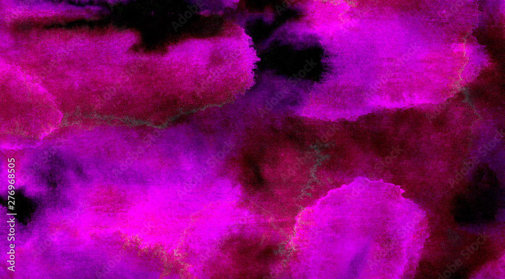 Deep dark magenta watercolor on black background. Pink paper texture water color painted illustration. Colorful smeared fuchsia neon paper textured aquarelle canvas for creative design