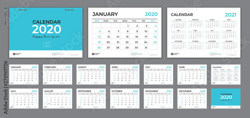 Calendar 2020, Desk calendar template, Set of 12 Months, Planner, Week starts on Sunday, Stationery design, advertisement, Vector layout, blue cover design, business brochure flyer