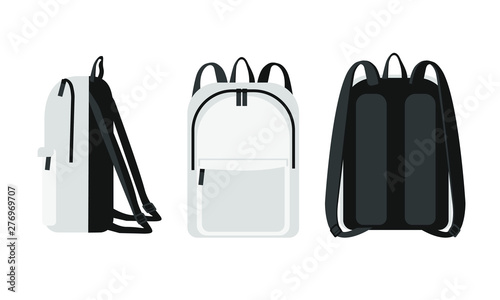 Trendy modern universal white  backpack  front, back and side veiw. Bag with Orthopedic back  study concept mockup. Tourism, female, lifestyle and school backpack vector illustration