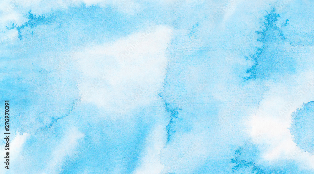 Fototapeta premium Kreatywny aquarelle papier malowany teksturowane płótno na vintage design, zaproszenie, szablon. Niebo odcienie niebieskiego koloru akwarela ilustracja, kreatywne tło, rozmazana jasna turkusowa ramka