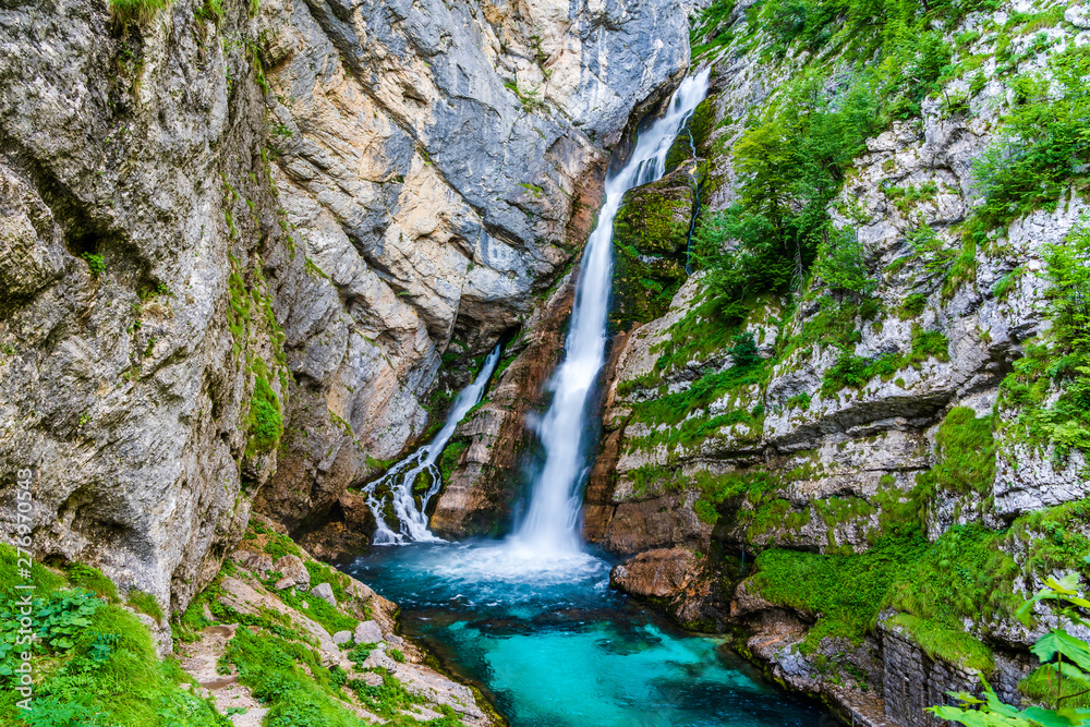 Falling water of  Savica Waterfall in the Bohinj Lake area in the Triglav National Park, Julian Alps, Slovenia