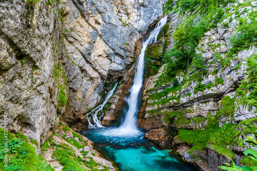 Fototapeta Naklejka Na Ścianę i Meble -  Falling water of  Savica Waterfall in the Bohinj Lake area in the Triglav National Park, Julian Alps, Slovenia