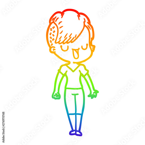 rainbow gradient line drawing cute cartoon girl with hipster haircut