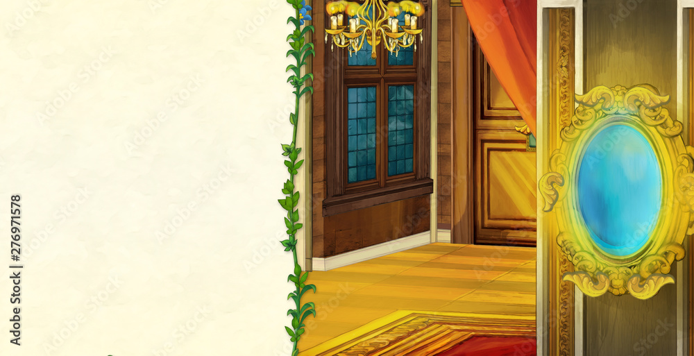cartoon scene with old traditional castle hall or chamber - with frame and space for text - illustration for children cartoon scene with old traditional castle hall or chamber - with frame and space for text - illustration for children