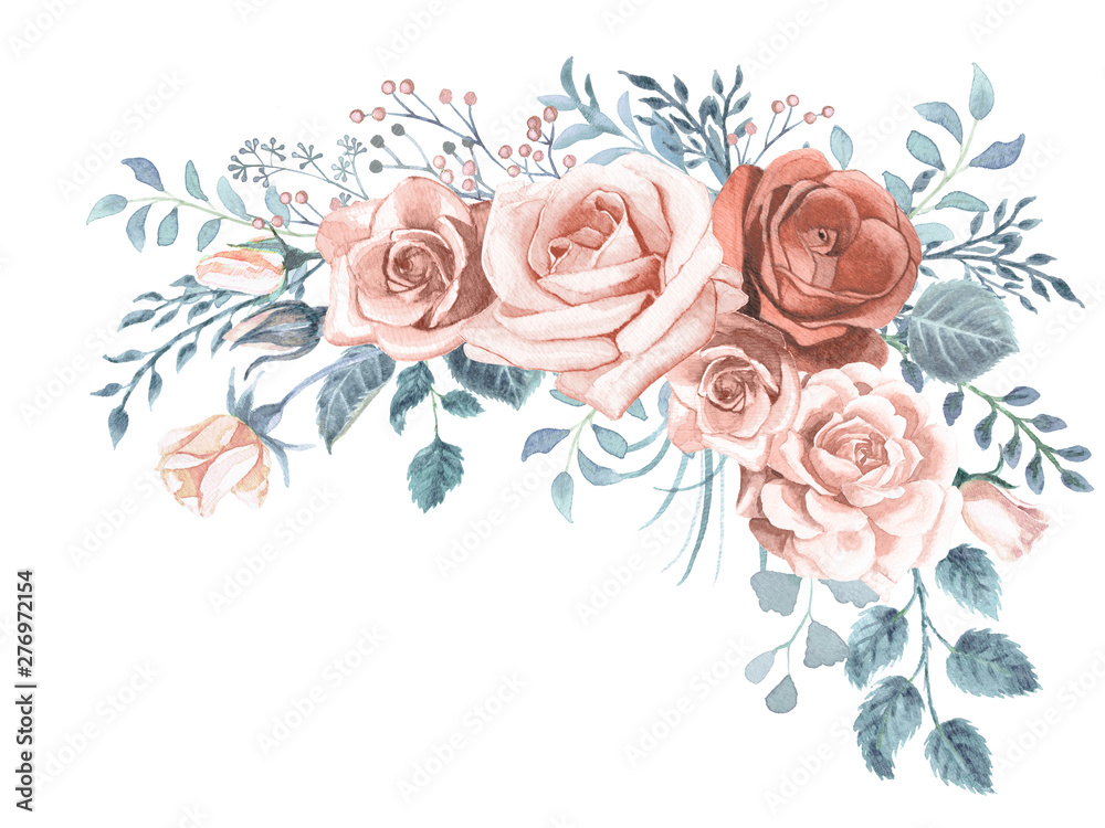 Watercolor Greenery and Roses Bouquet - obrazy, fototapety, plakaty 