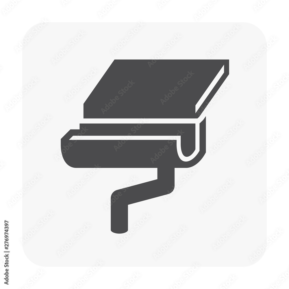 Halfline style gutter vector icon. Also call rain gutter or eavestrough. Include roof, downpipe or downspout and pipeline for water discharge and drainage system to protect building from rainwater. Halfline style gutter vector icon. Also call rain gutter or eavestrough. Include roof, downpipe or downspout and pipeline for water discharge and drainage system to protect building from rainwater.
