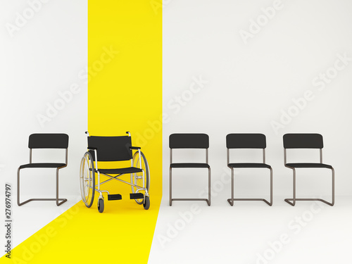 Wheelchair among office chairs. Concept of equality. Vacancy for a disabled person. 3D rendering.