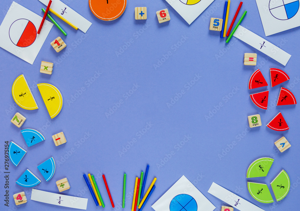 Сolorful math fractions on violet background. Interesting math for kids. Education, back to school concept. Geometry and mathematics materials. Flat lay, top view Сolorful math fractions on violet background. Interesting math for kids. Education, back to school concept. Geometry and mathematics materials. Flat lay, top view