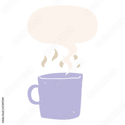 cartoon hot cup of coffee and speech bubble in retro style
