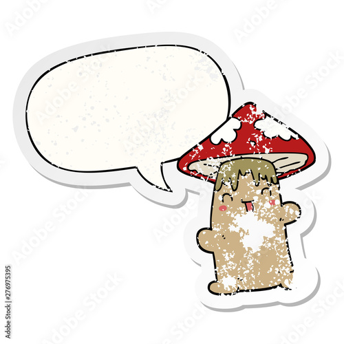 cartoon mushroom character and speech bubble distressed sticker