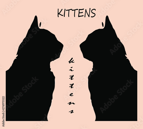 vector image, isolated black silhouettes of two cats on pink background and lettering 