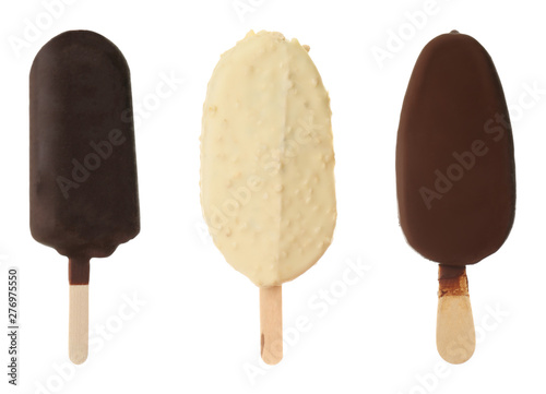 Set of different delicious ice creams on white background
