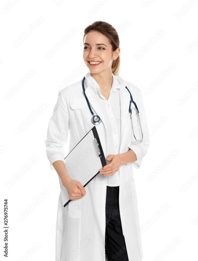 Portrait of medical doctor with clipboard and stethoscope isolated on white Portrait of medical doctor with clipboard and stethoscope isolated on white