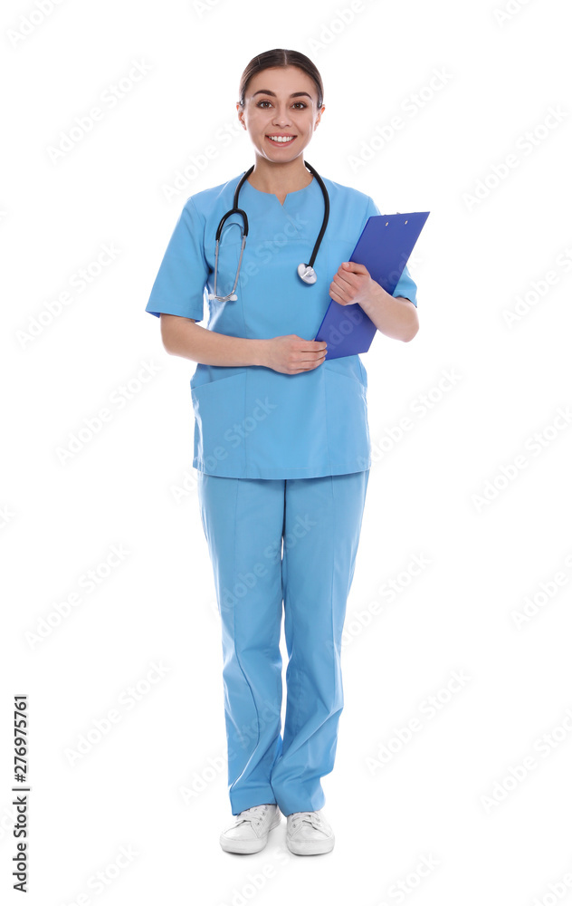 Full length portrait of medical doctor with clipboard and stethoscope isolated on white Full length portrait of medical doctor with clipboard and stethoscope isolated on white