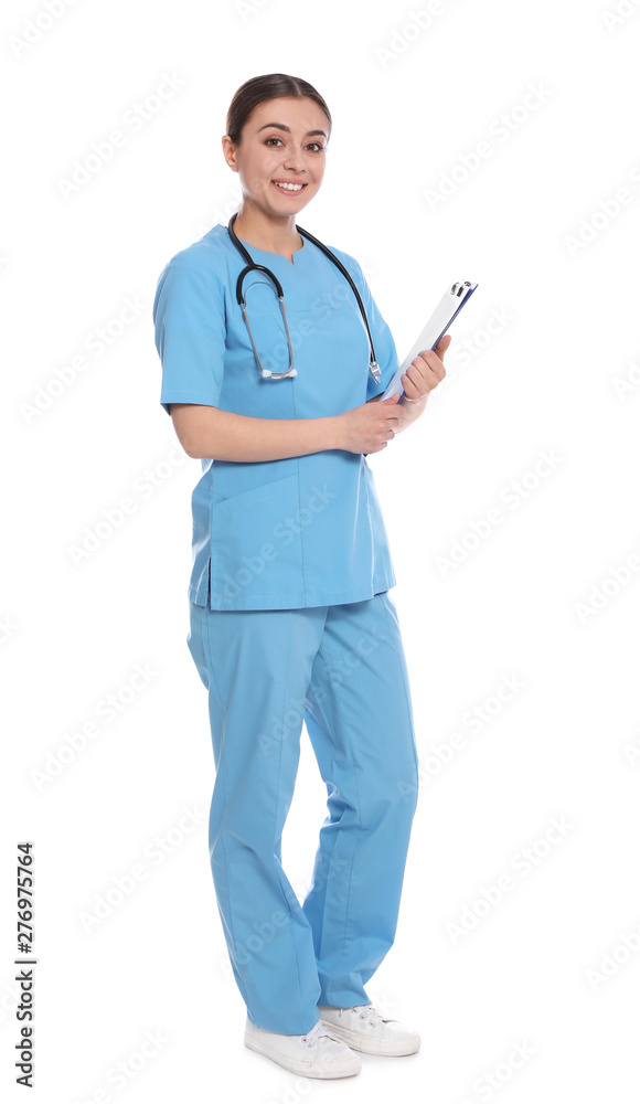 Full length portrait of medical doctor with clipboard and stethoscope isolated on white Full length portrait of medical doctor with clipboard and stethoscope isolated on white