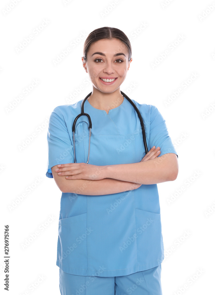 Portrait of medical doctor with stethoscope isolated on white Portrait of medical doctor with stethoscope isolated on white