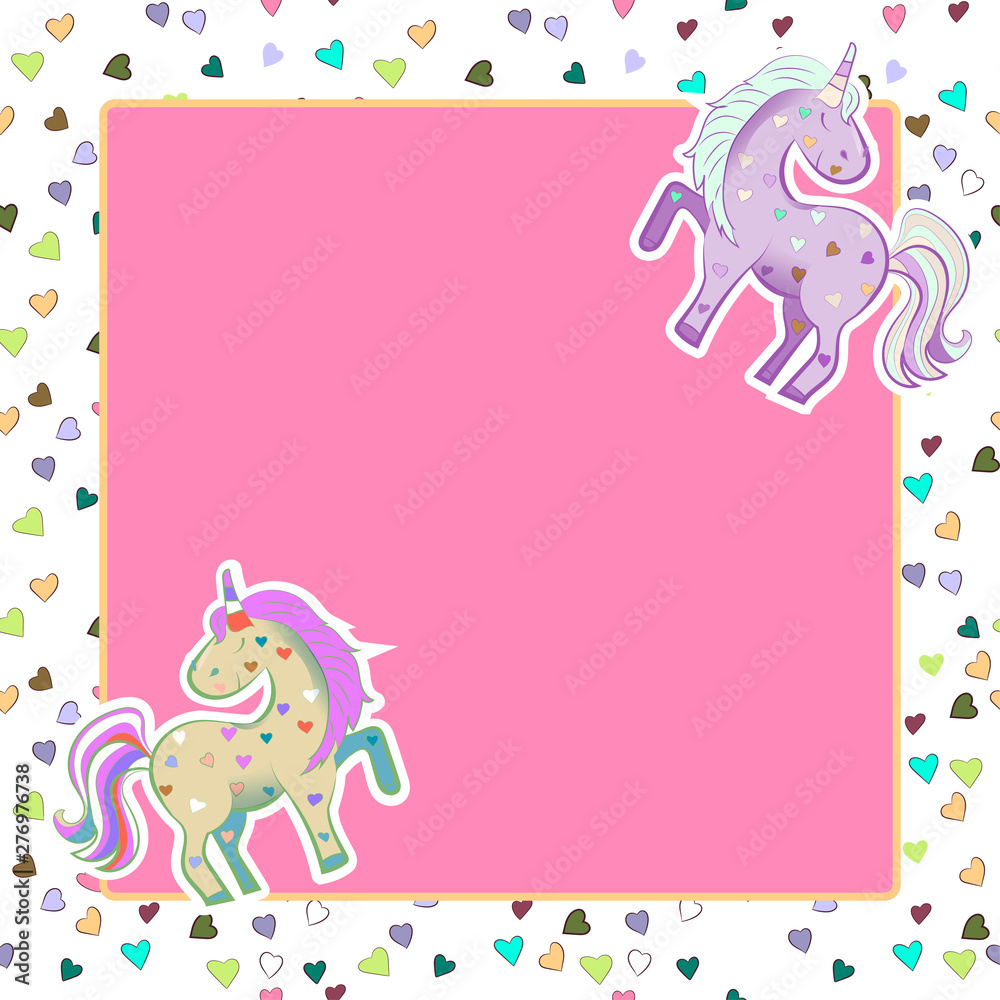 Unicorns in pastel colors on the background of hearts. graphics. Square pink frame. Illustration for Valentine s Day.