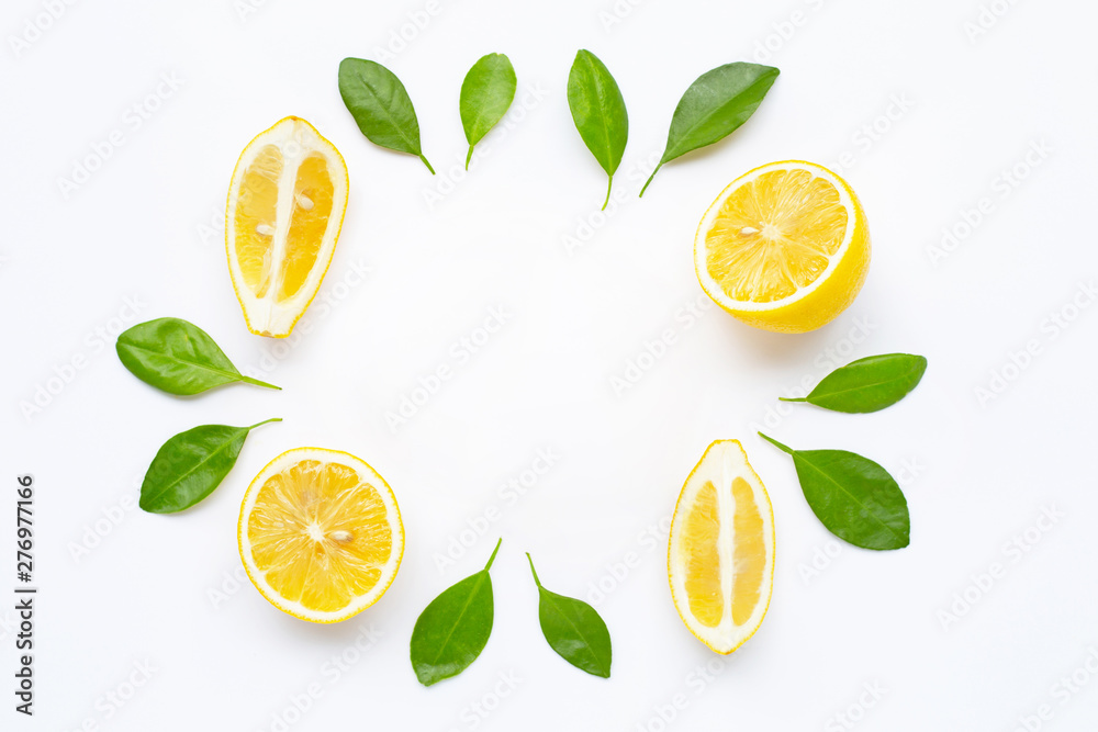 Frame made of fresh lemon with leaves isolated on white Frame made of fresh lemon with leaves isolated on white