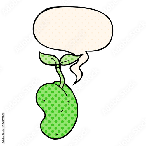 cartoon sprouting seed and speech bubble in comic book style