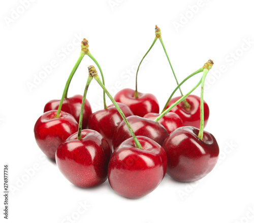 Heap of ripe sweet cherries on white background