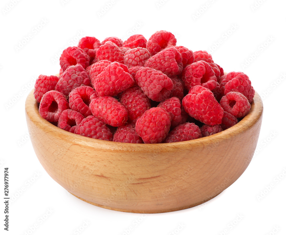 Bowl of delicious fresh ripe raspberries on white background Bowl of delicious fresh ripe raspberries on white background