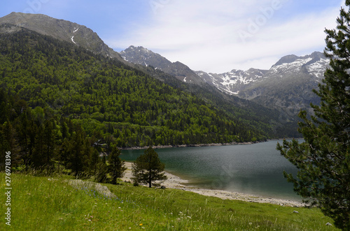 Landscape of Oredon lake in Nature Reserve of Neouville, France, Hautes Pyrenees.