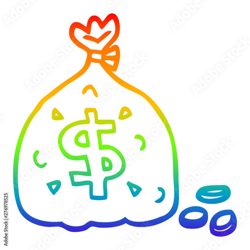 rainbow gradient line drawing cartoon bag of dollars