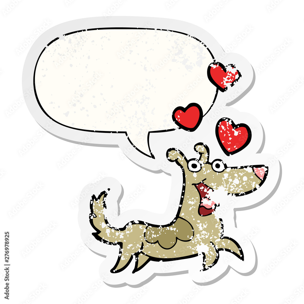 Fototapeta premium cartoon dog and love hearts and speech bubble distressed sticker