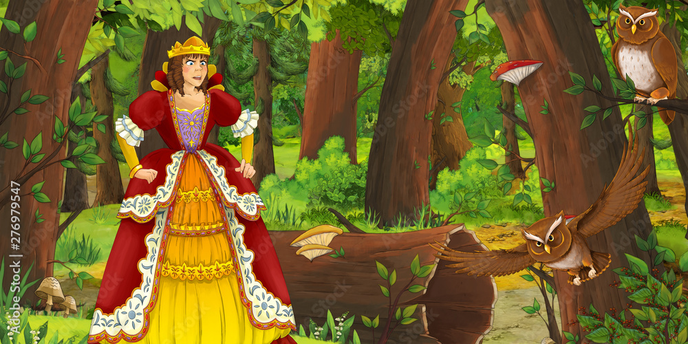 cartoon scene with happy young girl in the forest encountering pair of owls flying - illustration for children cartoon scene with happy young girl in the forest encountering pair of owls flying - illustration for children
