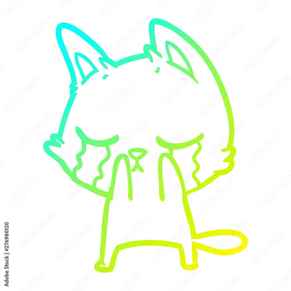 cold gradient line drawing crying cartoon cat