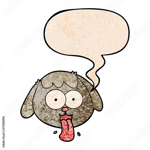 cartoon dog face panting and speech bubble in retro texture style