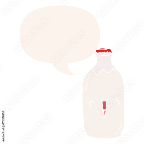 cute cartoon milk bottle and speech bubble in retro style