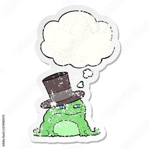 cartoon rich toad and thought bubble as a distressed worn sticker