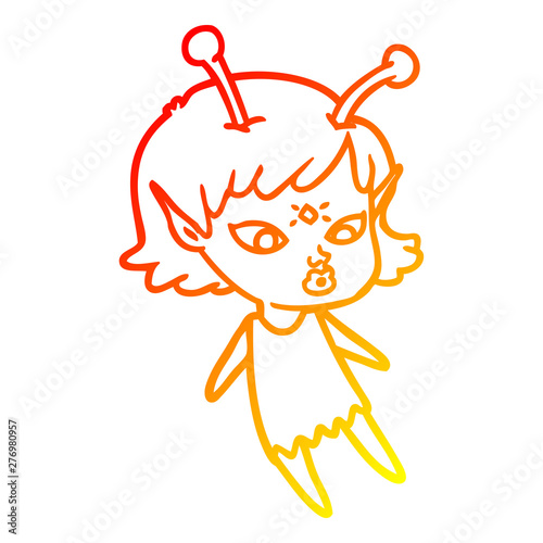 warm gradient line drawing pretty cartoon alien girl
