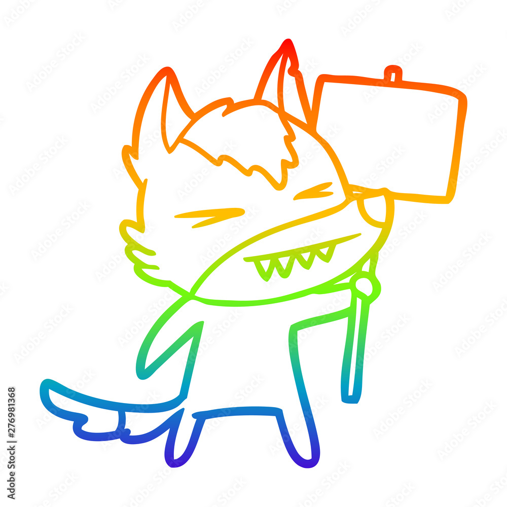 Obraz premium rainbow gradient line drawing angry wolf cartoon with placard
