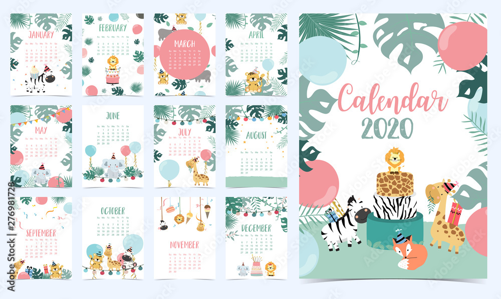 Animal calendar 2020 with elephant,giraffe,tiger,fox,parrot for children.Can be used for printable graphic