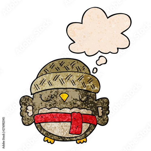 cute cartoon owl in hat and thought bubble in grunge texture pattern style