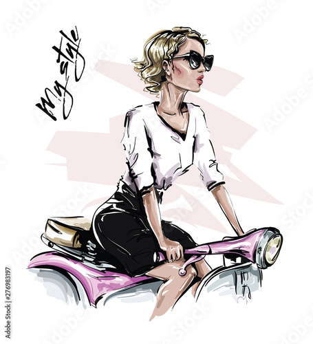 Hand drawn beautiful young woman in sunglasses. Stylish girl sitting on bike. Fashion woman look. Sketch. Vector illustration.