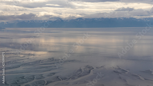 Aerial view of Alaskan landscape from plane landing in Anchorage