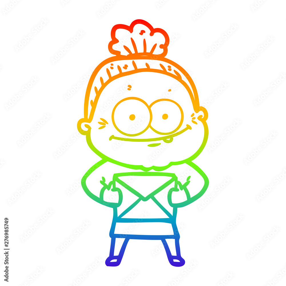 rainbow gradient line drawing cartoon happy old woman