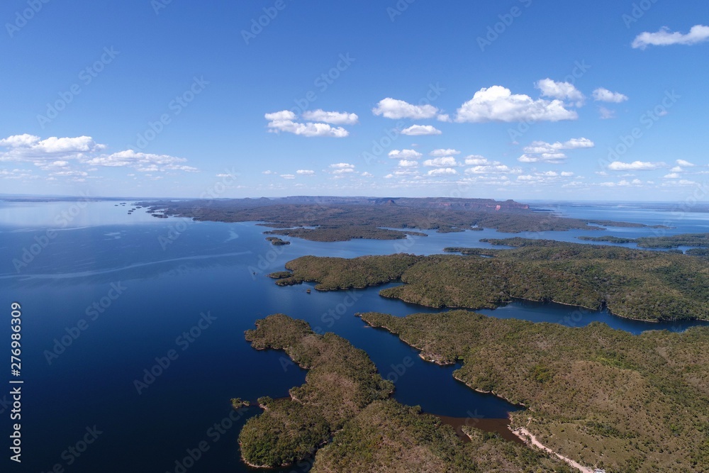 Aerial view of Manso Lagoon's hydroelectric, Mato Grosso, Brazil. Great landscape. Travel destination. Vacation travel. 