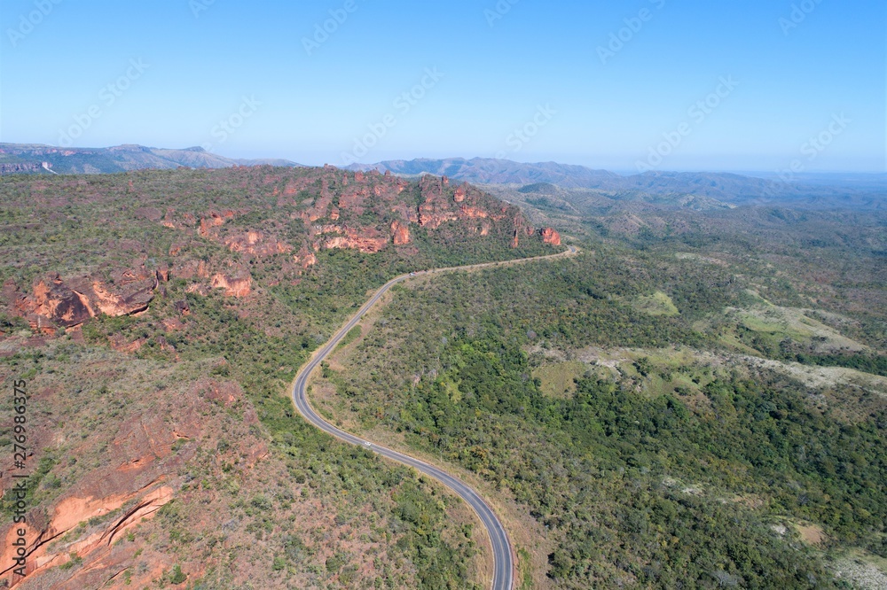 Aerial view of MT 241 road, way to Chapada dos Guimarães, Mato Grosso, Brazil. Great landscape. Travel destination. Vacation travel. Touristic point.