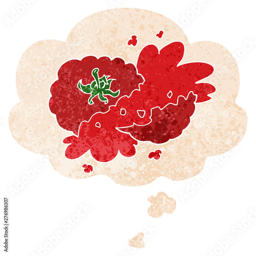 cartoon squashed tomato and thought bubble in retro textured style