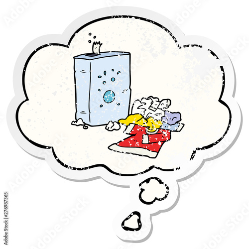 cartoon washing powder and laundry and thought bubble as a distressed worn sticker