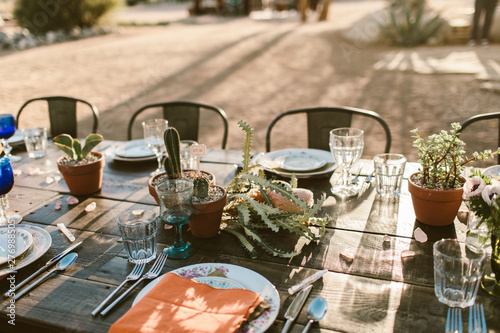 table setting in the desert with cactus center piece