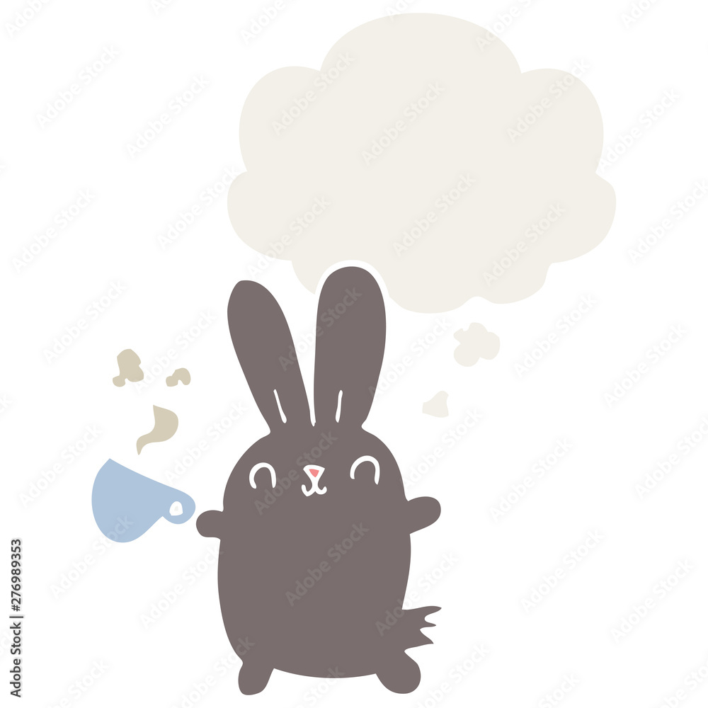 Obraz premium cute cartoon rabbit with coffee cup and thought bubble in retro style