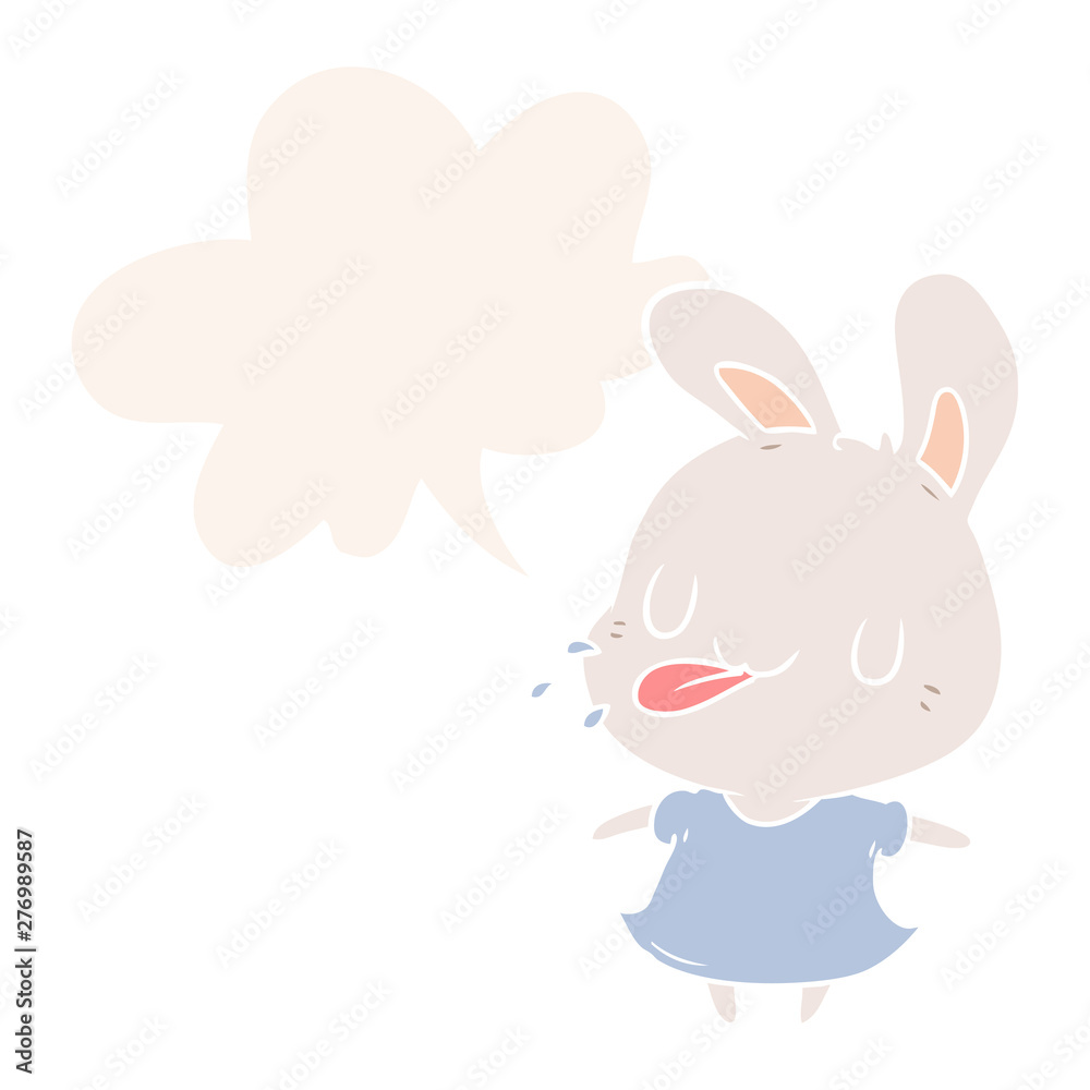 cute cartoon rabbit blowing raspberry and speech bubble in retro style