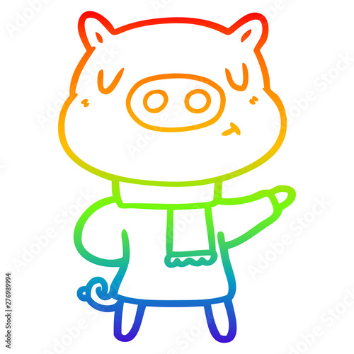 rainbow gradient line drawing cartoon content pig in winter attire